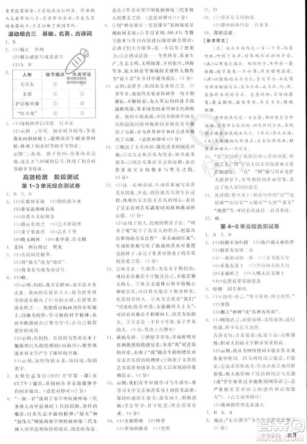 天津人民出版社2023年秋全品作業(yè)本八年級(jí)語(yǔ)文上冊(cè)通用版陜西專版答案