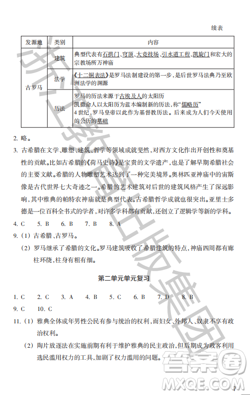 浙江教育出版社2023年秋歷史與社會作業(yè)本九年級世界歷史上冊人教版答案