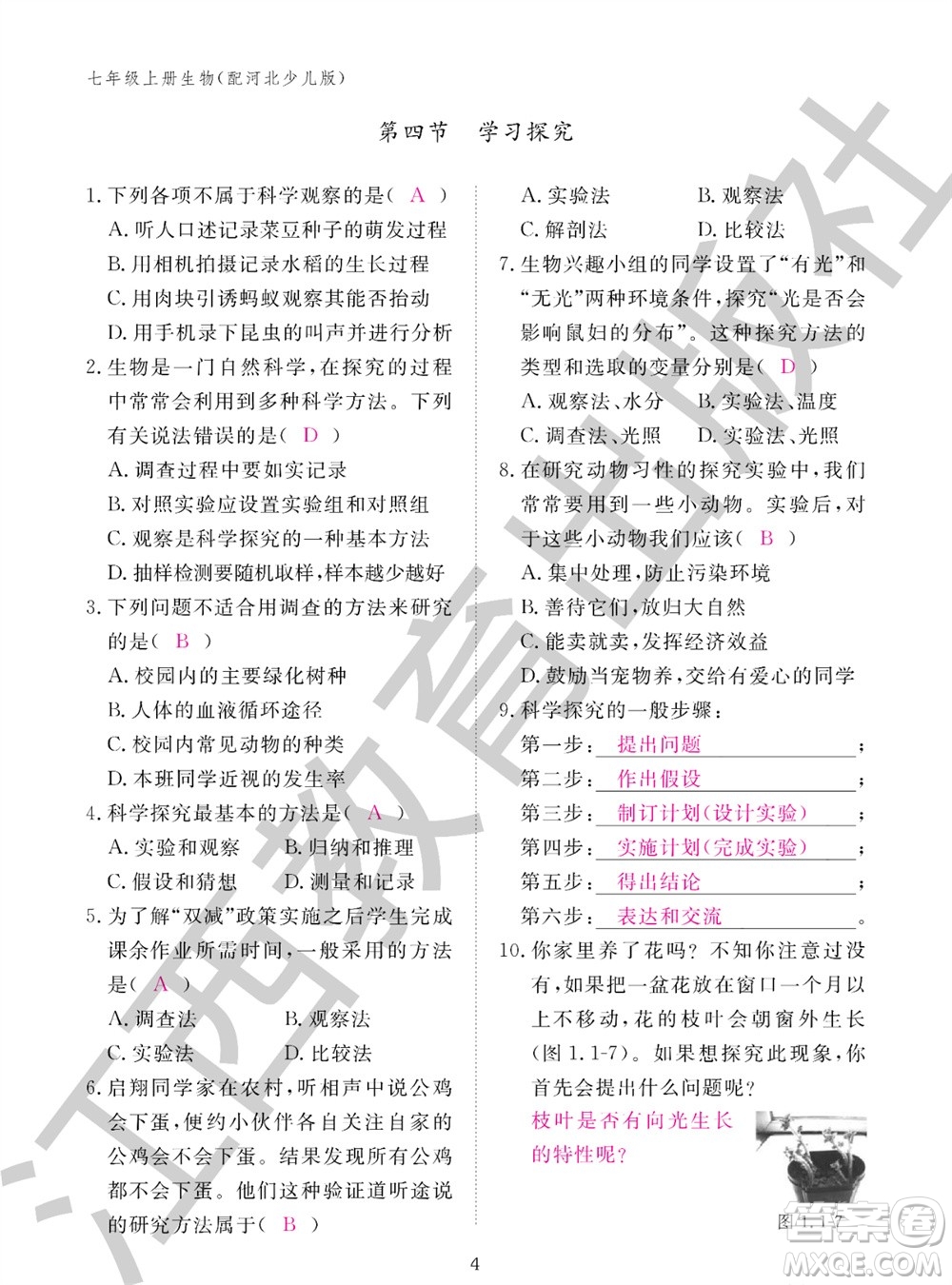 江西教育出版社2023年秋生物作業(yè)本七年級上冊冀少版參考答案