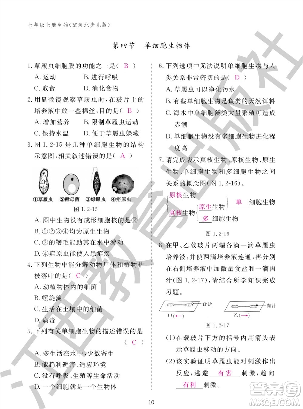 江西教育出版社2023年秋生物作業(yè)本七年級上冊冀少版參考答案