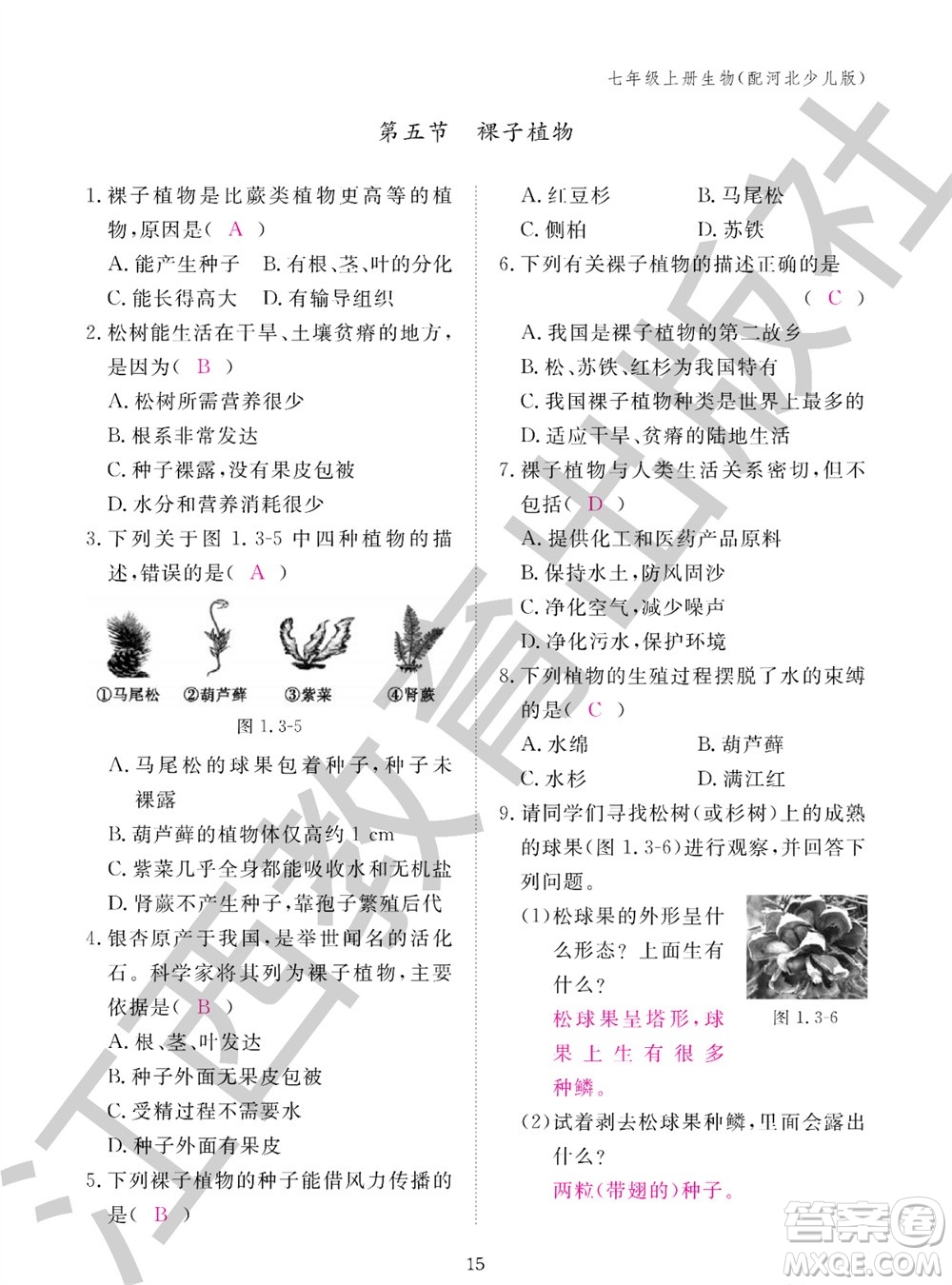 江西教育出版社2023年秋生物作業(yè)本七年級上冊冀少版參考答案