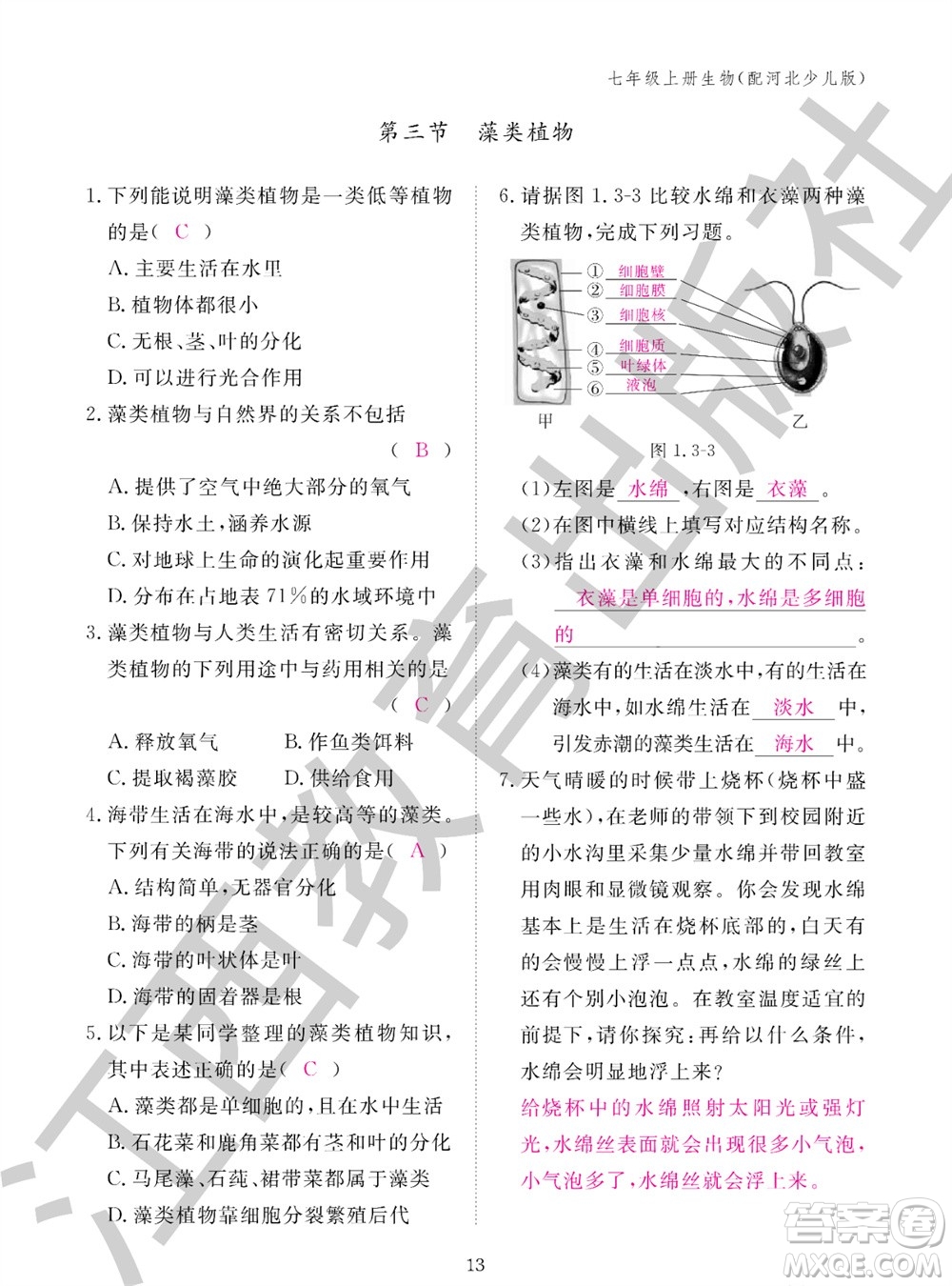 江西教育出版社2023年秋生物作業(yè)本七年級上冊冀少版參考答案