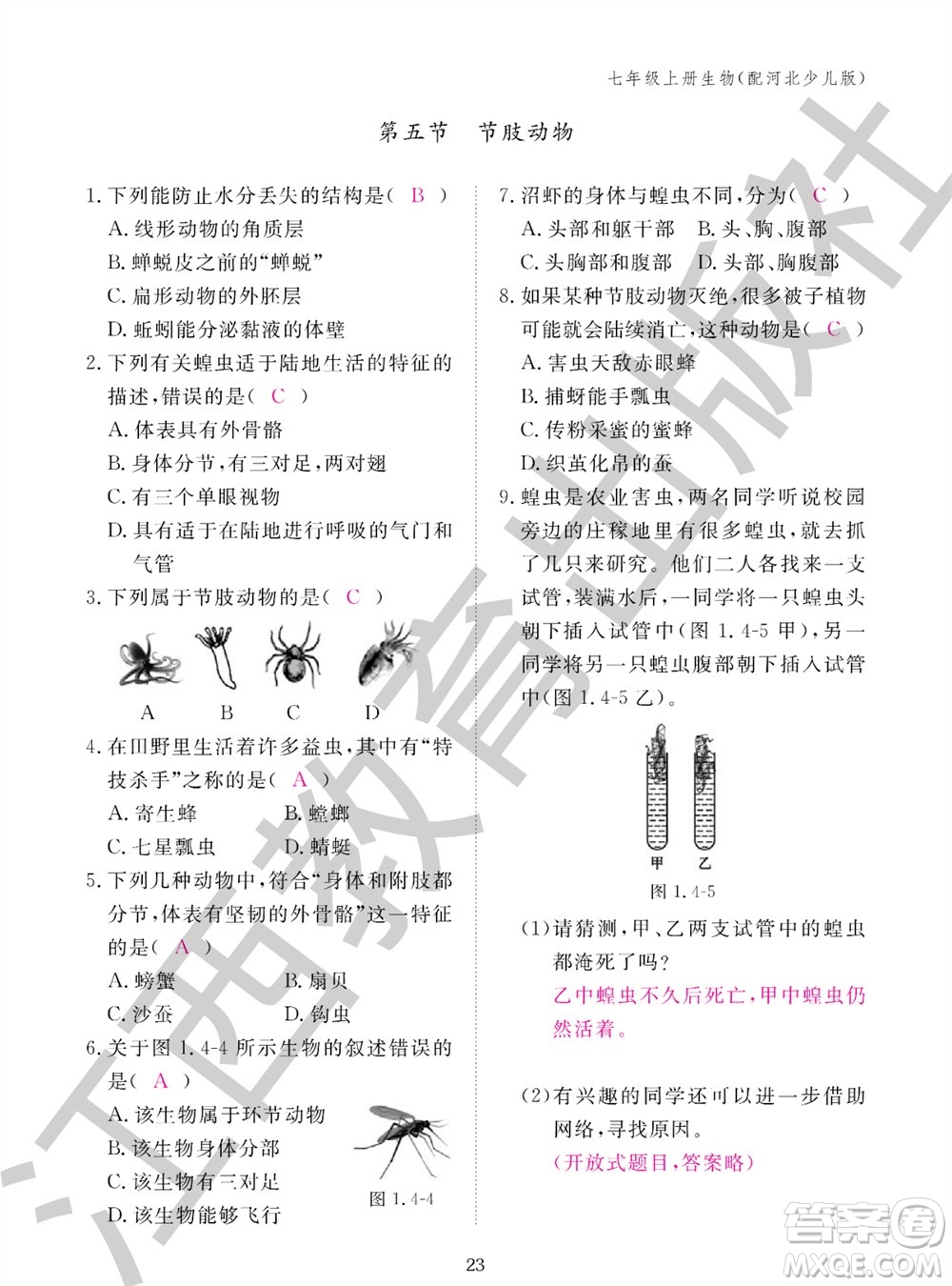 江西教育出版社2023年秋生物作業(yè)本七年級上冊冀少版參考答案