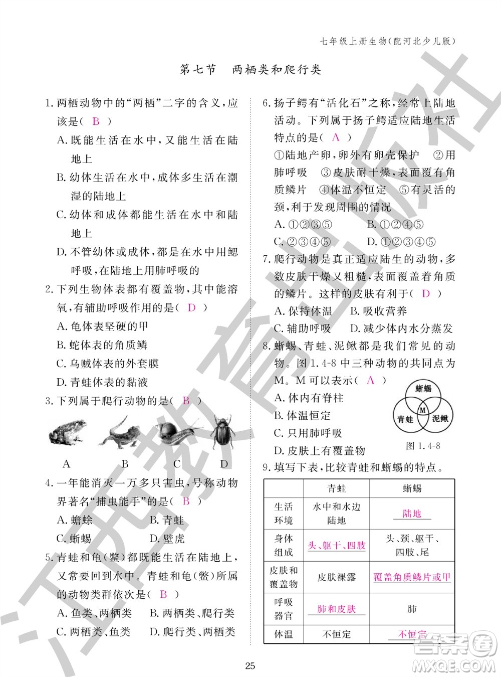 江西教育出版社2023年秋生物作業(yè)本七年級上冊冀少版參考答案