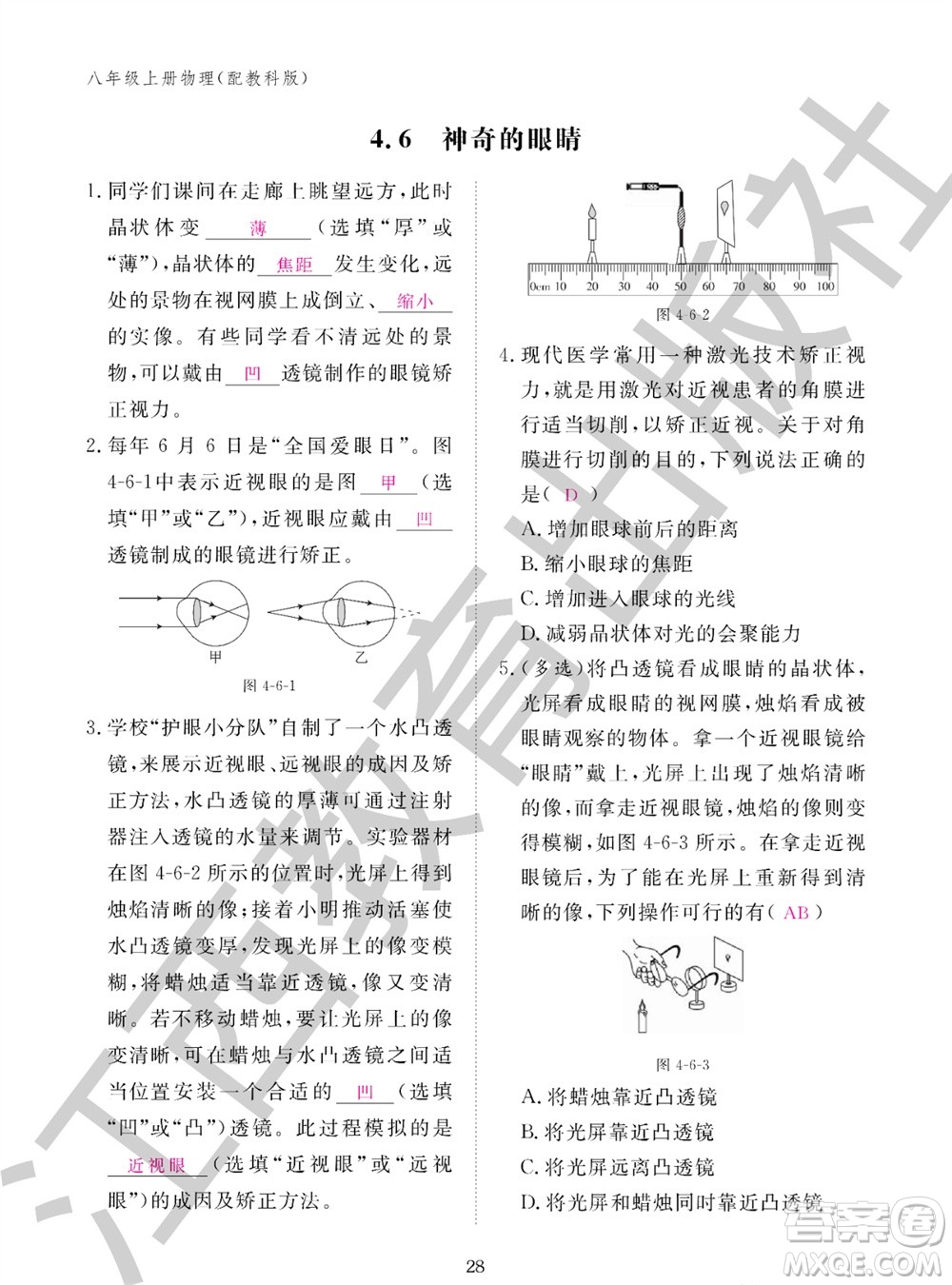 江西教育出版社2023年秋物理作業(yè)本八年級(jí)上冊(cè)教科版參考答案