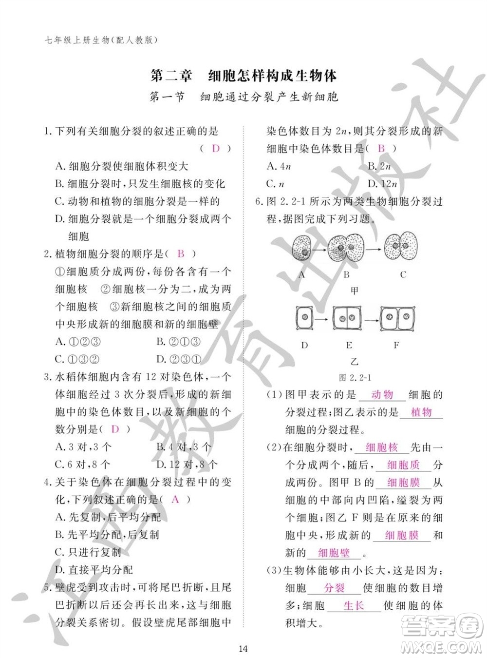江西教育出版社2023年秋生物作業(yè)本七年級上冊人教版參考答案