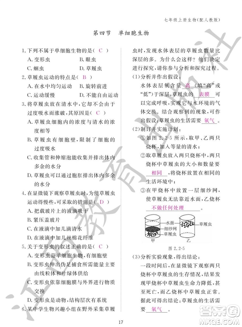 江西教育出版社2023年秋生物作業(yè)本七年級上冊人教版參考答案
