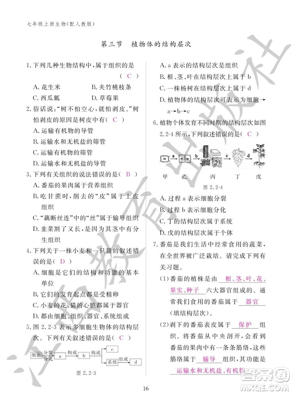 江西教育出版社2023年秋生物作業(yè)本七年級上冊人教版參考答案