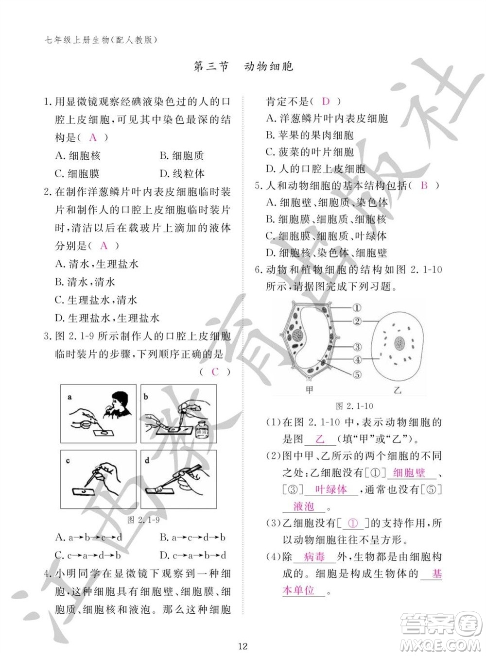 江西教育出版社2023年秋生物作業(yè)本七年級上冊人教版參考答案