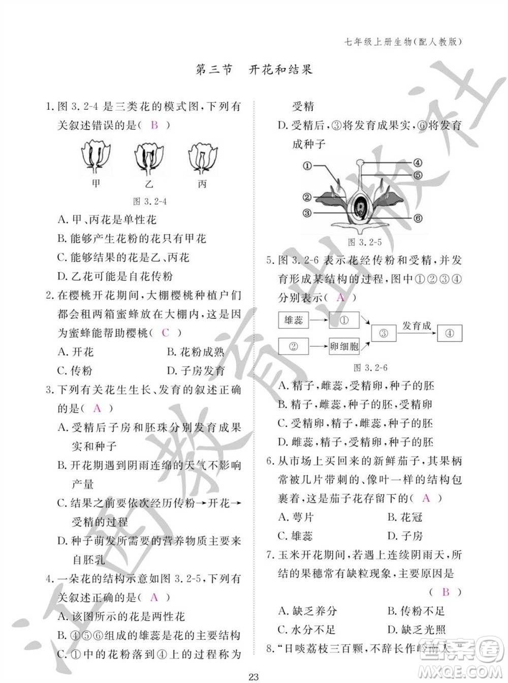 江西教育出版社2023年秋生物作業(yè)本七年級上冊人教版參考答案