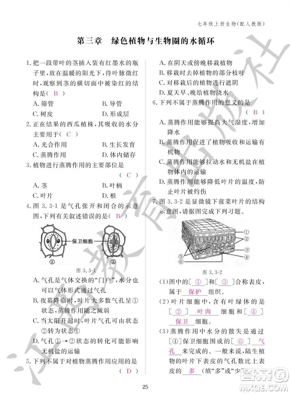 江西教育出版社2023年秋生物作業(yè)本七年級上冊人教版參考答案