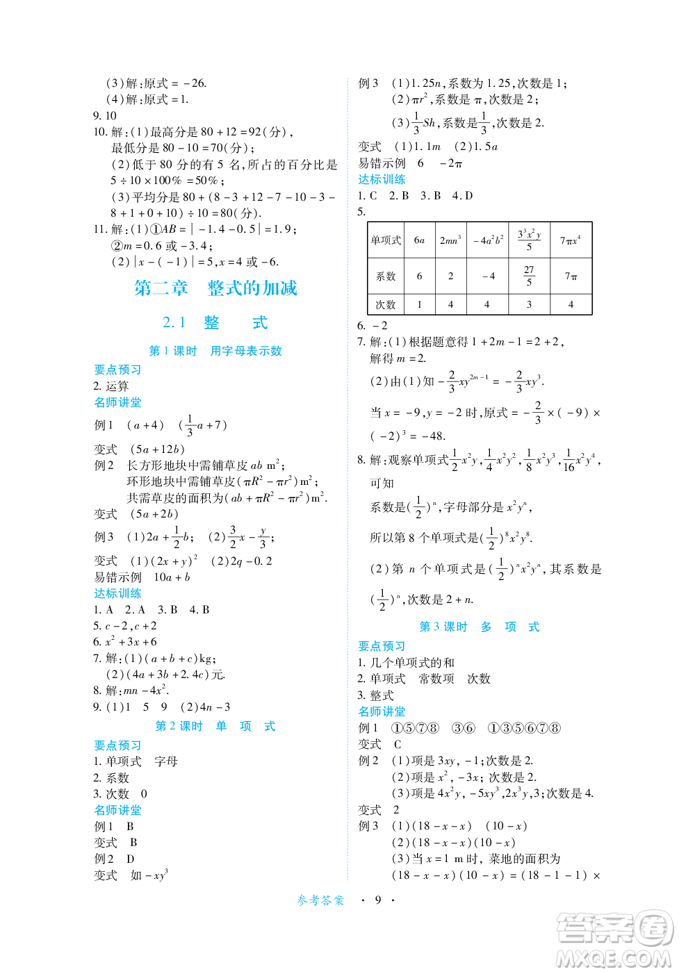 江西人民出版社2023年秋一課一練創(chuàng)新練習(xí)七年級數(shù)學(xué)上冊人教版答案