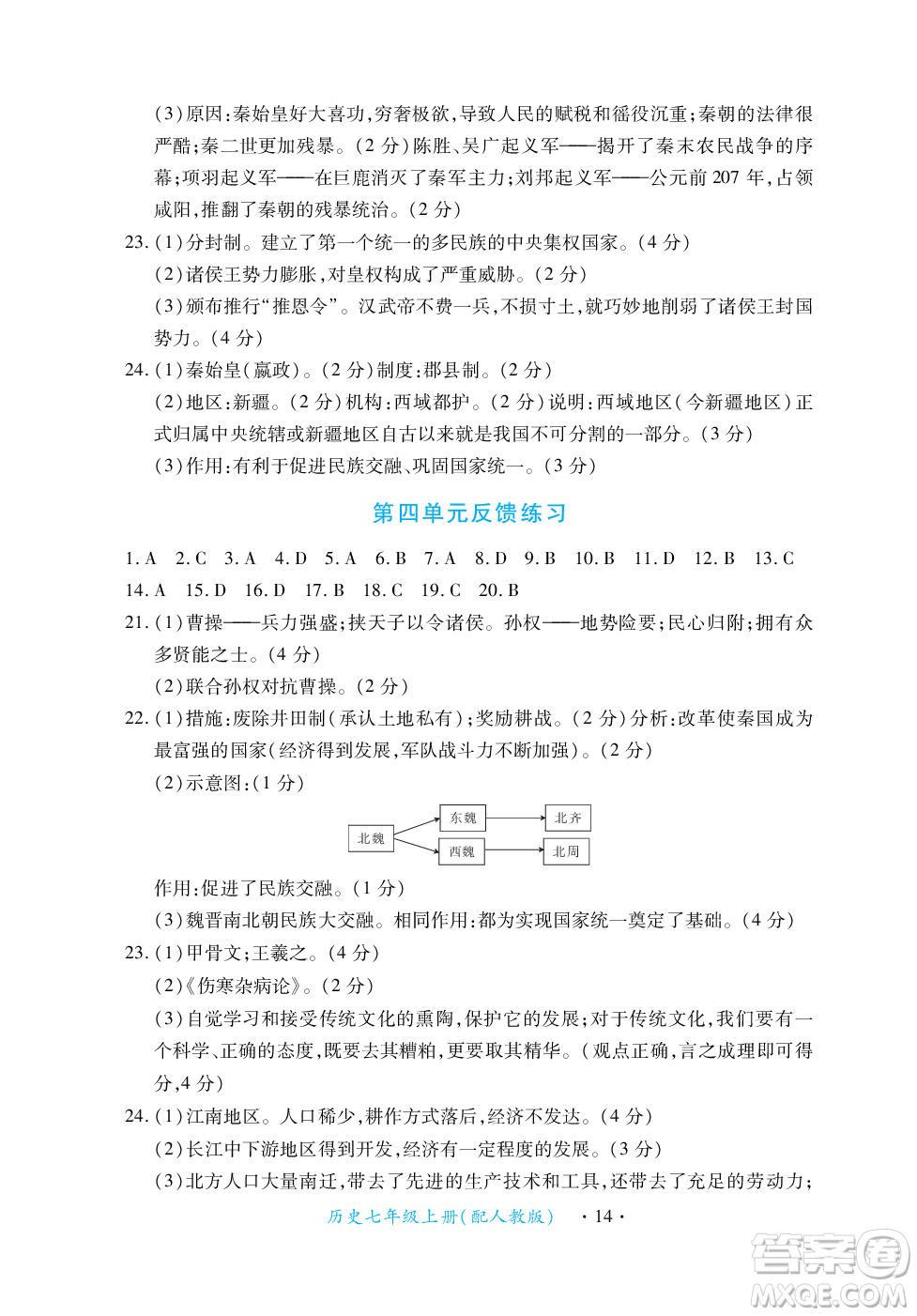 江西人民出版社2023年秋一課一練創(chuàng)新練習(xí)七年級歷史上冊人教版答案