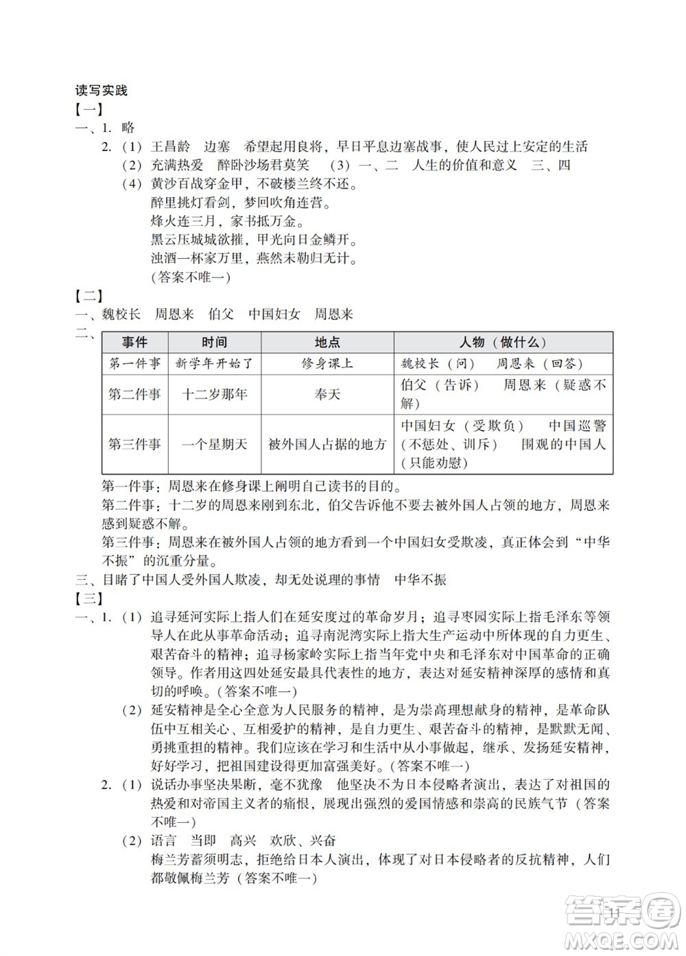 廣州出版社2023年秋陽光學(xué)業(yè)評價四年級語文上冊人教版參考答案