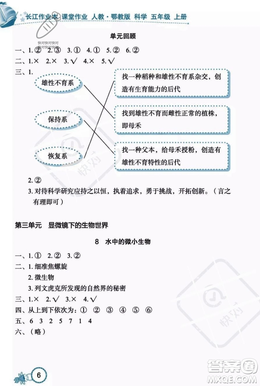 湖北教育出版社2023年秋長江作業(yè)本課堂作業(yè)五年級科學上冊人教鄂教版答案