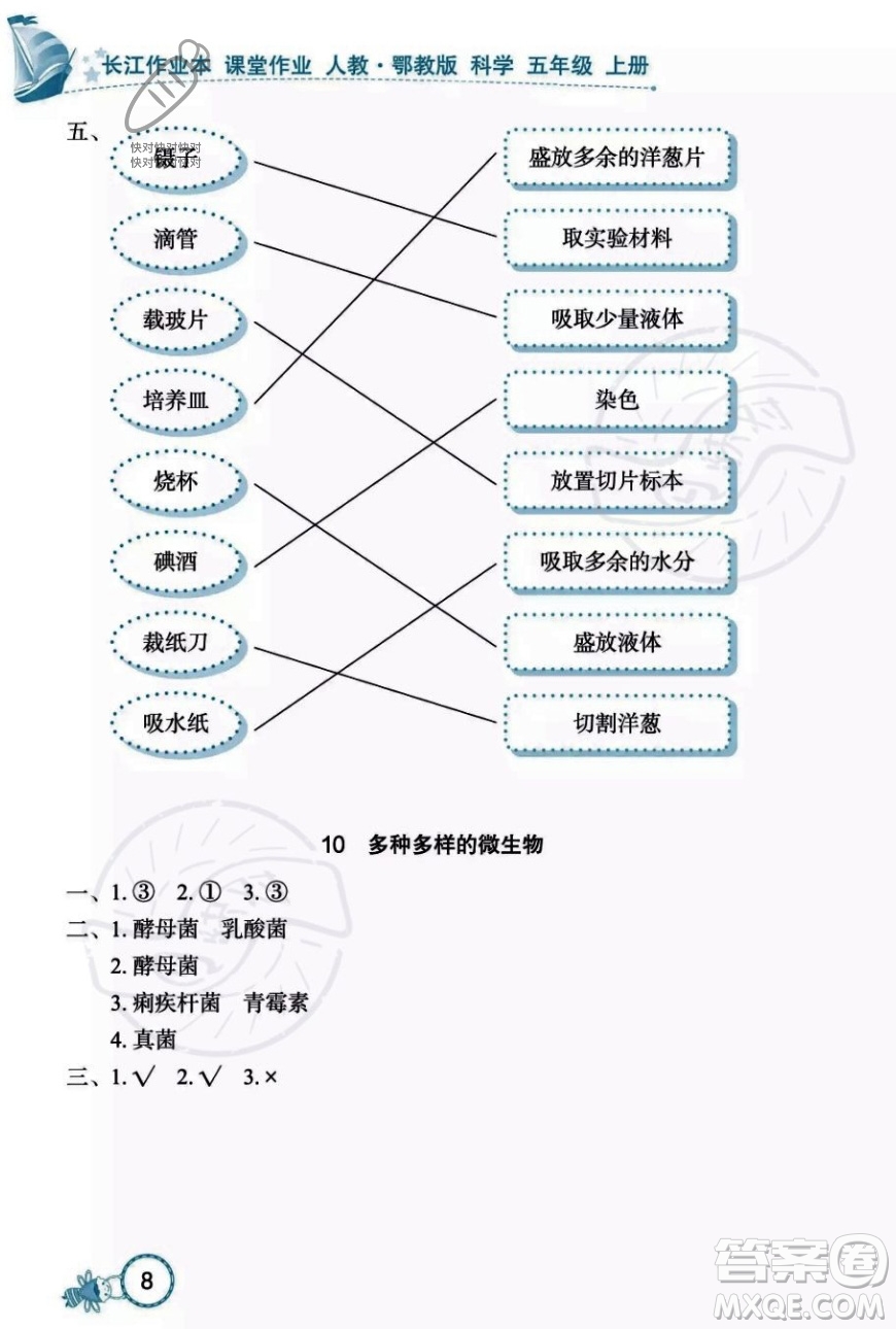 湖北教育出版社2023年秋長江作業(yè)本課堂作業(yè)五年級科學上冊人教鄂教版答案