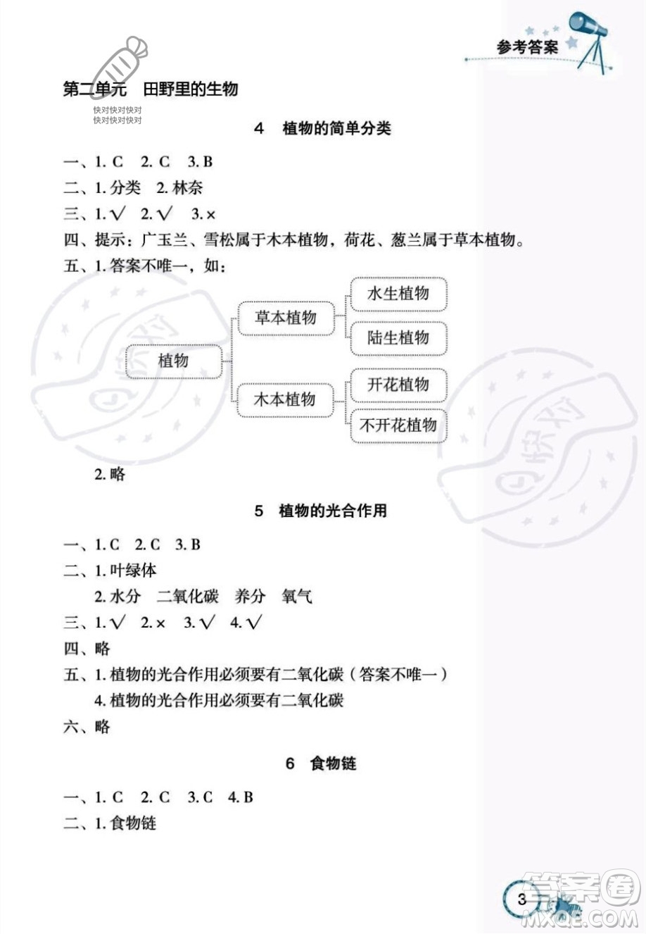 湖北教育出版社2023年秋長(zhǎng)江作業(yè)本課堂作業(yè)六年級(jí)科學(xué)上冊(cè)人教鄂教版答案