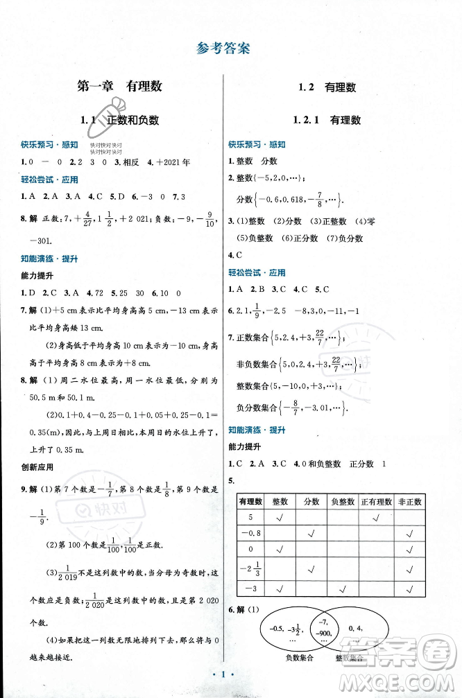 人民教育出版社2023年秋初中同步測(cè)控優(yōu)化設(shè)計(jì)七年級(jí)數(shù)學(xué)上冊(cè)人教版福建專版答案