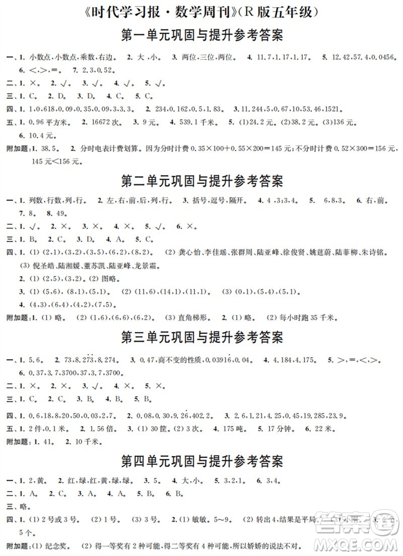時代學(xué)習(xí)報(bào)數(shù)學(xué)周刊2023年秋五年級上冊鞏固與提升人教版參考答案