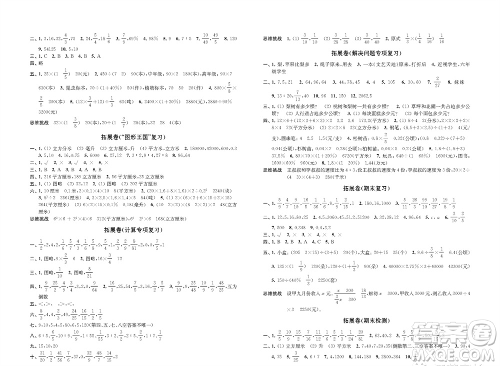 江蘇鳳凰教育出版社2023年秋小學(xué)數(shù)學(xué)強化拓展卷六年級上冊蘇教版提優(yōu)版參考答案