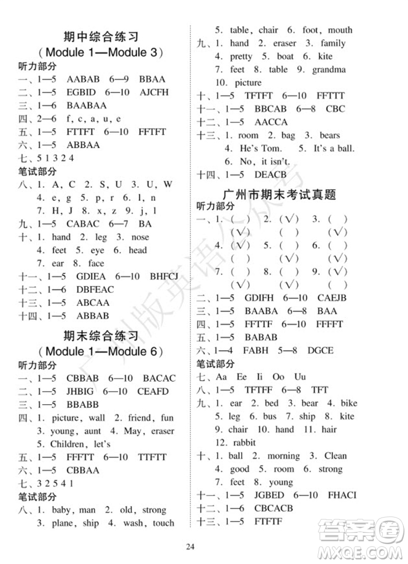 廣州出版社2023年秋小學(xué)英語目標(biāo)實施手冊三年級上冊廣州教科版參考答案