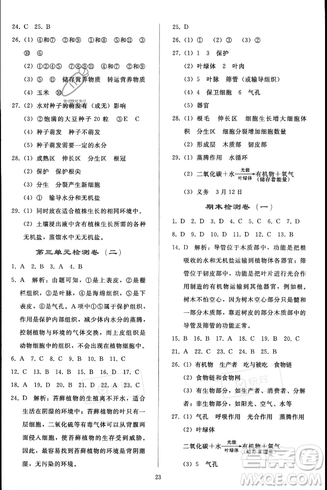 人民教育出版社2023年秋同步輕松練習(xí)七年級生物學(xué)上冊人教版答案