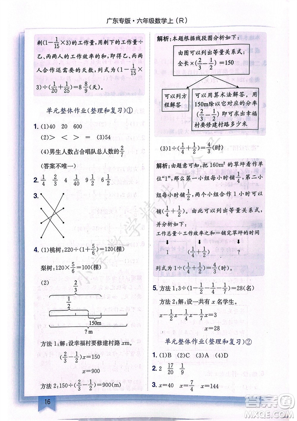 龍門書局2023年秋黃岡小狀元作業(yè)本六年級數(shù)學(xué)上冊人教版廣東專版參考答案