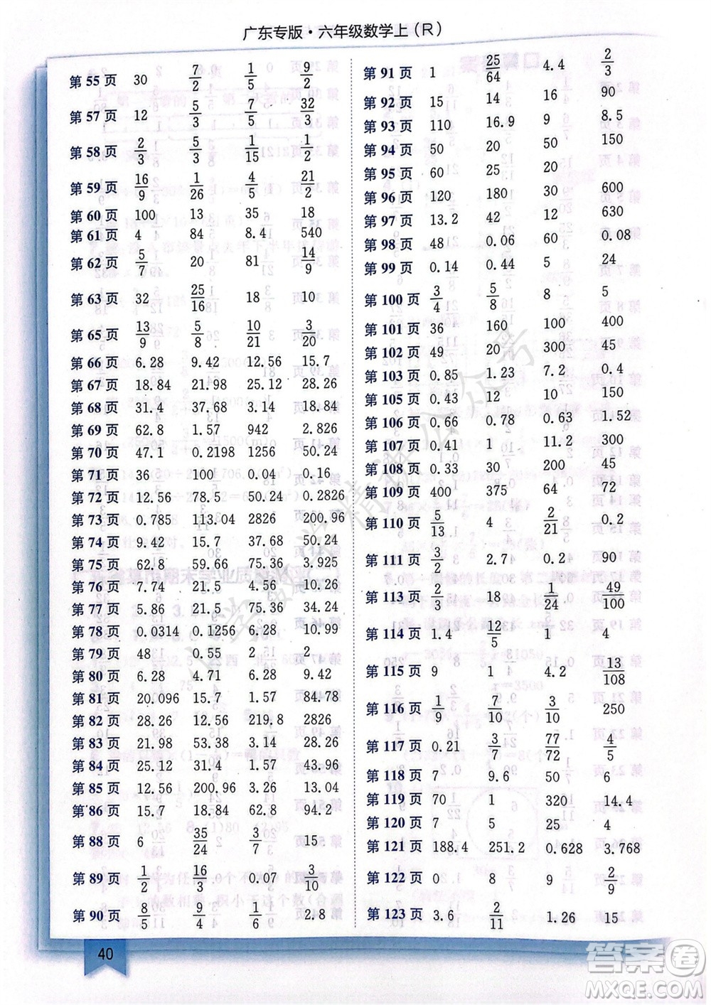 龍門書局2023年秋黃岡小狀元作業(yè)本六年級數(shù)學(xué)上冊人教版廣東專版參考答案