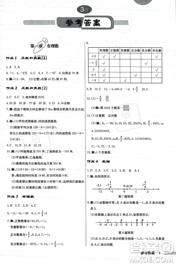 龍門書局2023年秋啟東中學(xué)作業(yè)本七年級數(shù)學(xué)上冊人教版答案