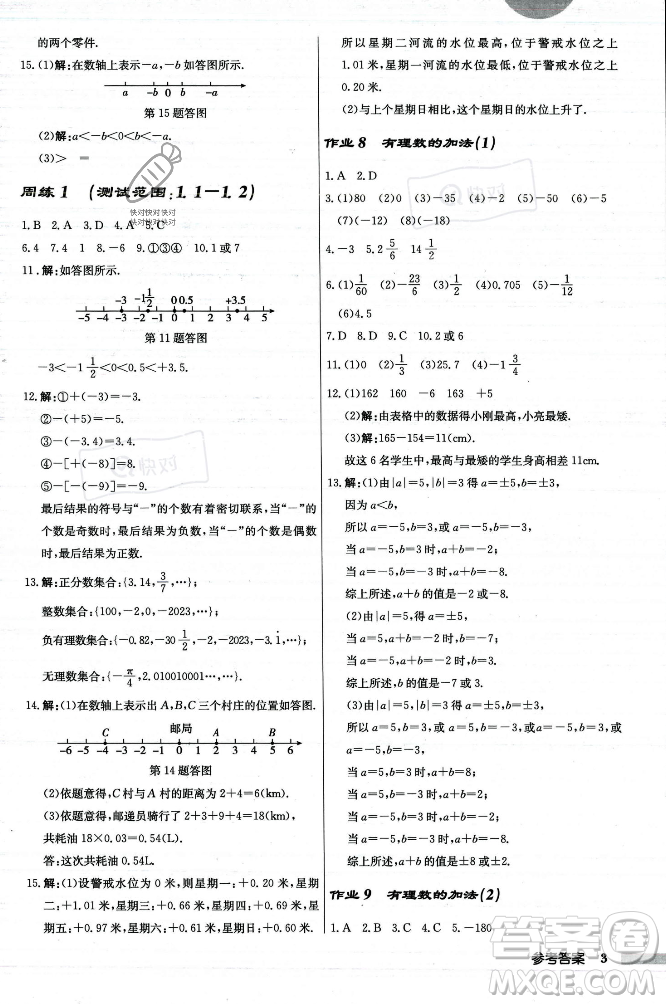 龍門書局2023年秋啟東中學(xué)作業(yè)本七年級數(shù)學(xué)上冊人教版答案