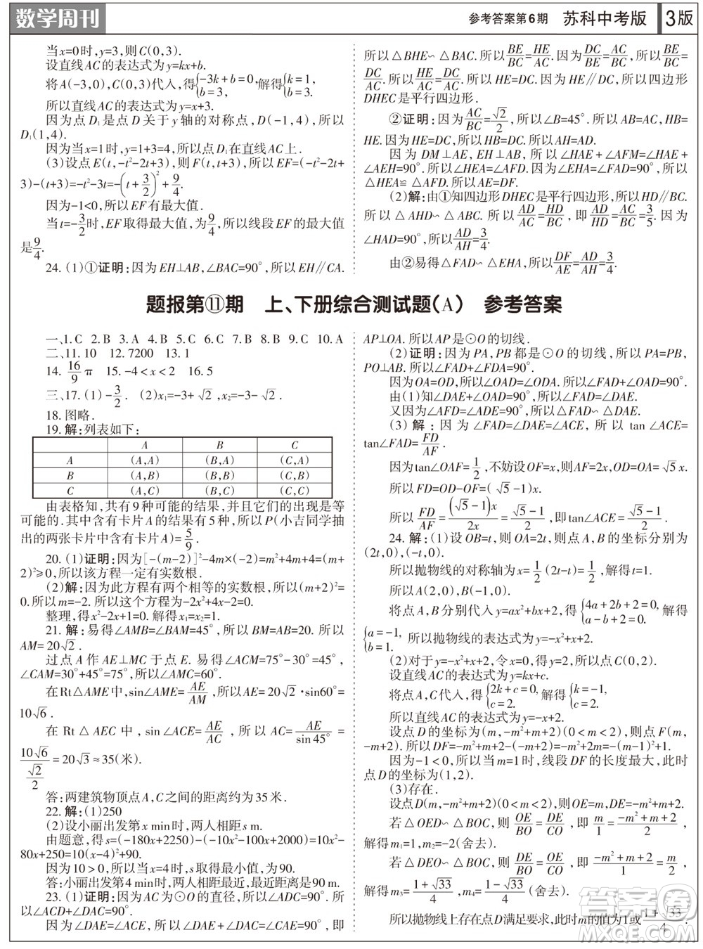 2023年秋學(xué)習(xí)方法報(bào)數(shù)學(xué)周刊九年級上冊蘇科版中考專版第6期參考答案