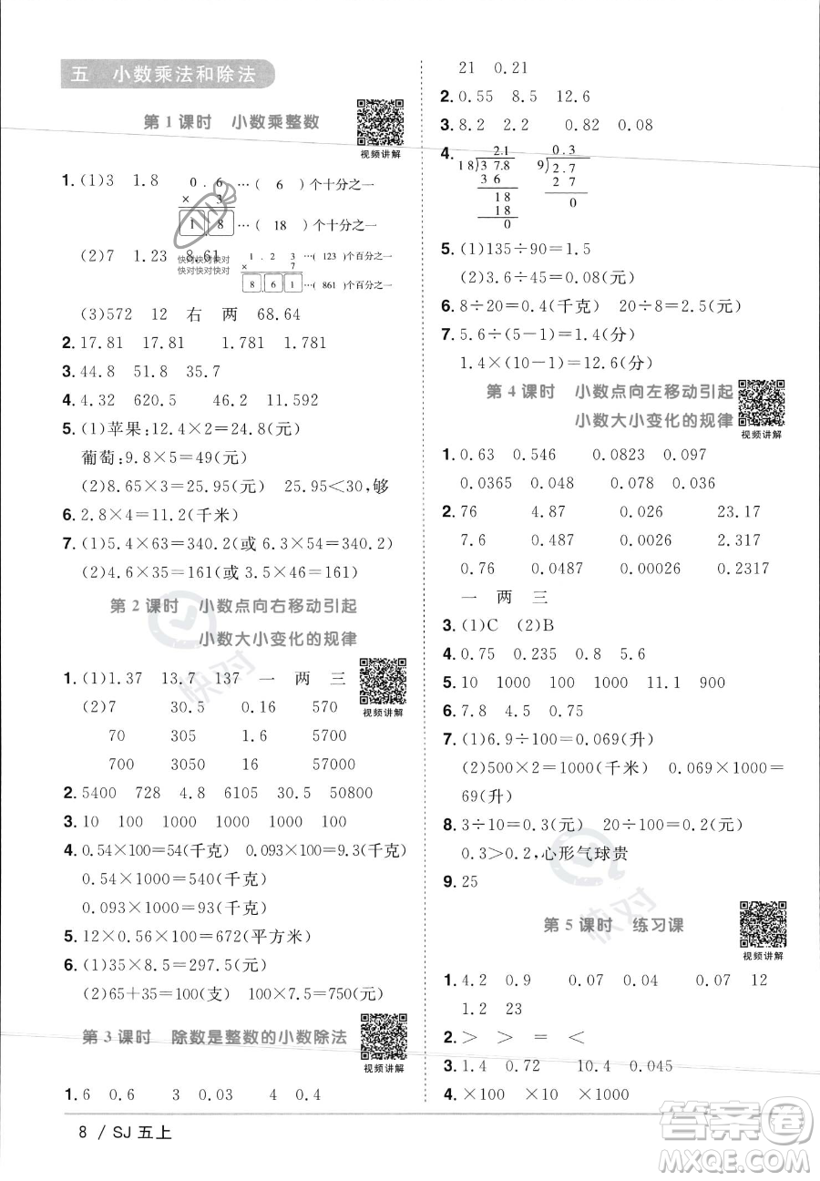 江西教育出版社2023年秋陽光同學課時優(yōu)化作業(yè)五年級數(shù)學上冊蘇教版答案