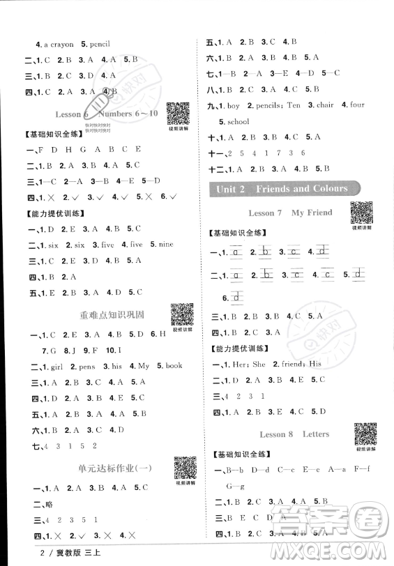 江西教育出版社2023年秋陽光同學(xué)課時優(yōu)化作業(yè)三年級英語上冊冀教版答案