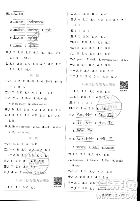 江西教育出版社2023年秋陽光同學(xué)課時優(yōu)化作業(yè)三年級英語上冊冀教版答案