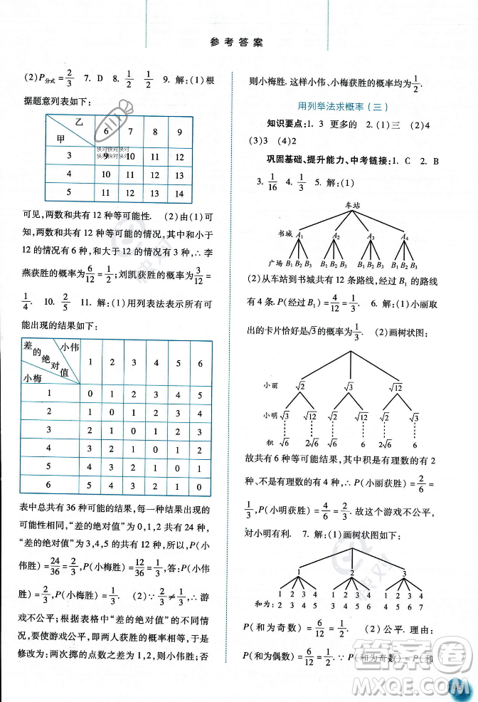 河北人民出版社2023年秋同步訓練九年級數學上冊人教版答案