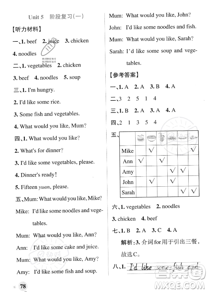 遼寧教育出版社2023年秋PASS小學學霸作業(yè)本四年級英語上冊人教版答案
