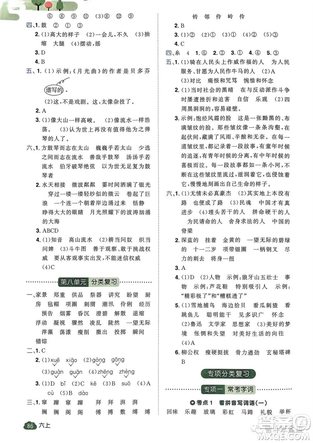 北京教育出版社2023年秋陽光同學(xué)單元分類復(fù)習(xí)真題練六年級語文上冊人教版參考答案