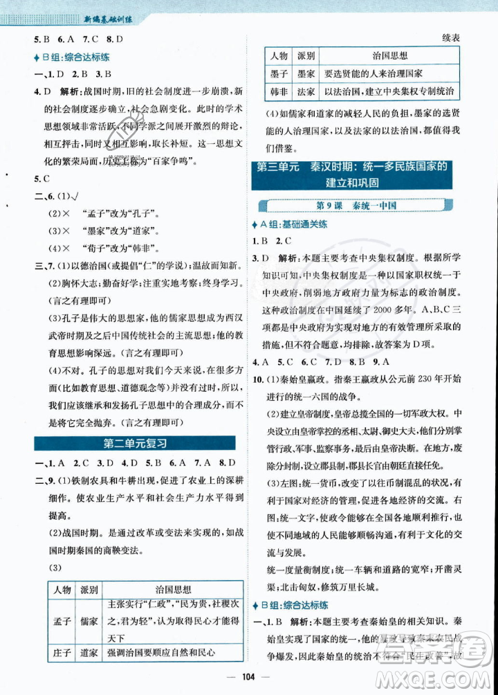 安徽教育出版社2023年秋新編基礎(chǔ)訓(xùn)練七年級歷史上冊人教版答案