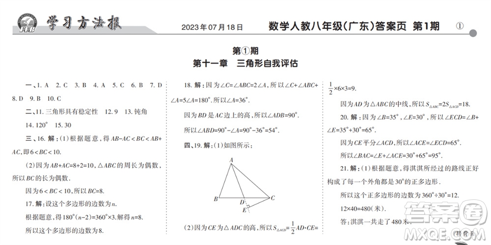 學(xué)習(xí)方法報2023-2024學(xué)年八年級數(shù)學(xué)上冊人教廣東版①-③期小報參考答案