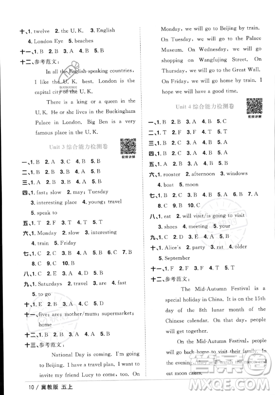 江西教育出版社2023年秋陽光同學課時優(yōu)化作業(yè)五年級英語上冊冀教版答案