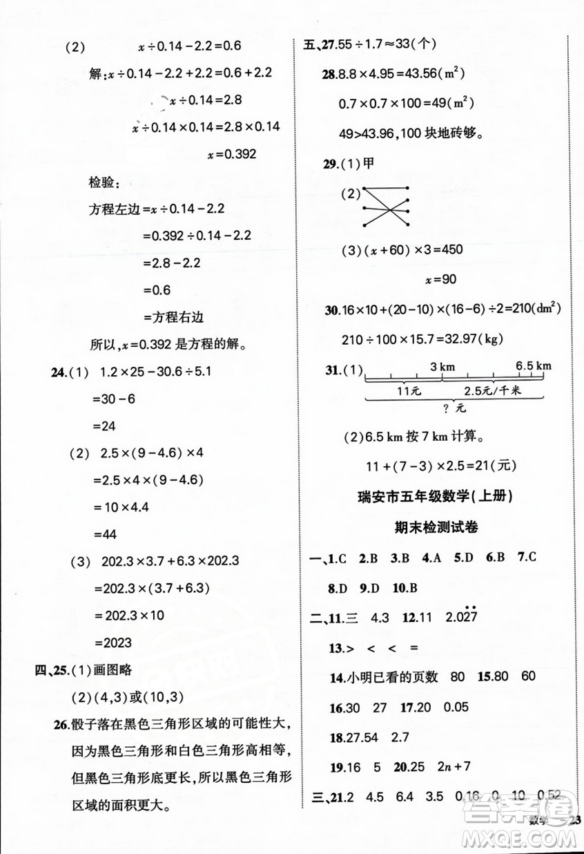 武漢出版社2023年秋狀元成才路創(chuàng)優(yōu)作業(yè)100分五年級數(shù)學上冊人教版浙江專版答案