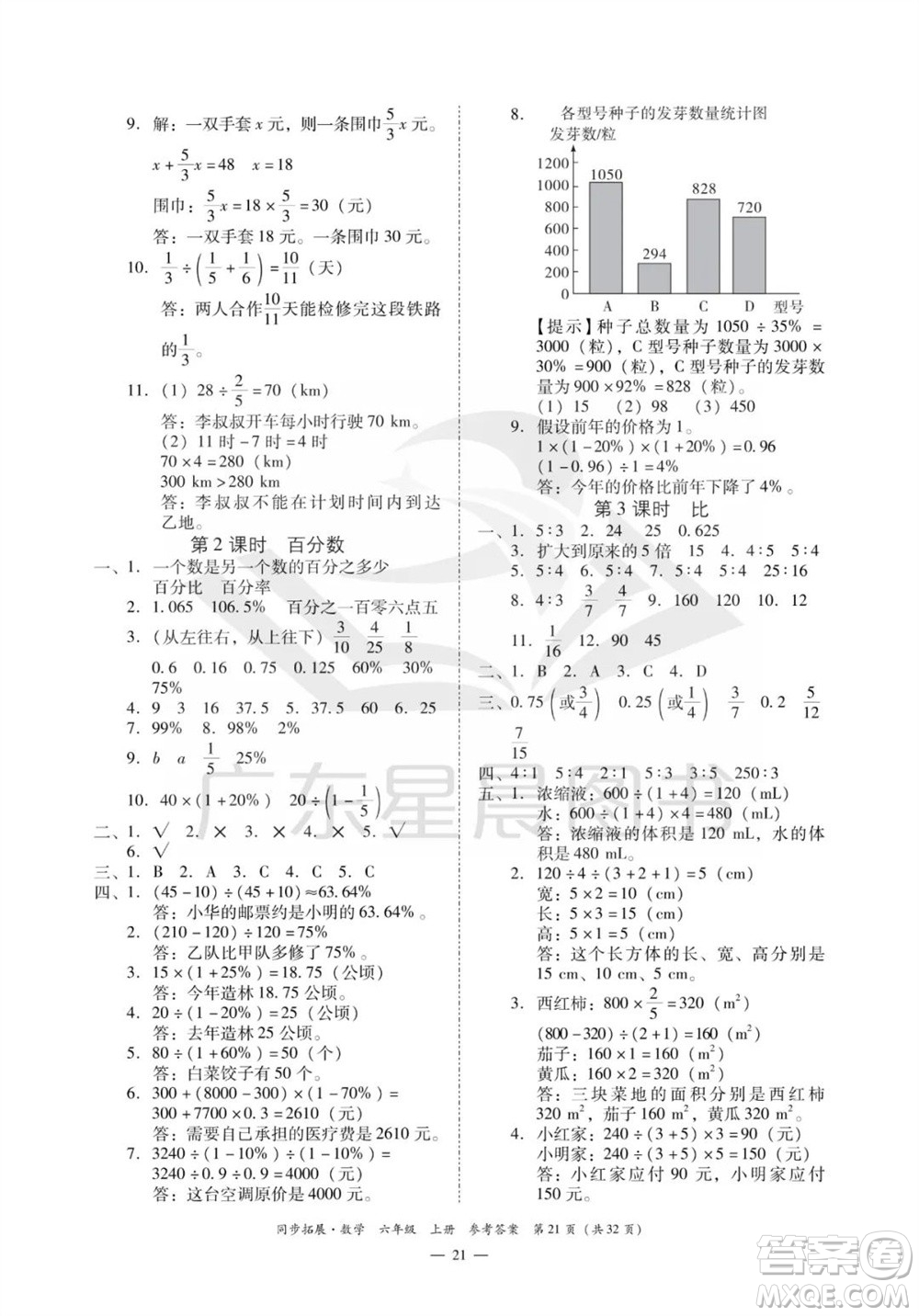 華南理工大學(xué)出版社2023年秋同步拓展六年級數(shù)學(xué)上冊人教版參考答案