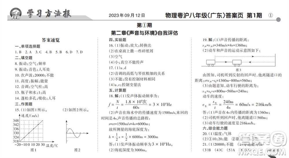 學習方法報2023-2024學年八年級物理上冊粵滬廣東版①-③期小報參考答案