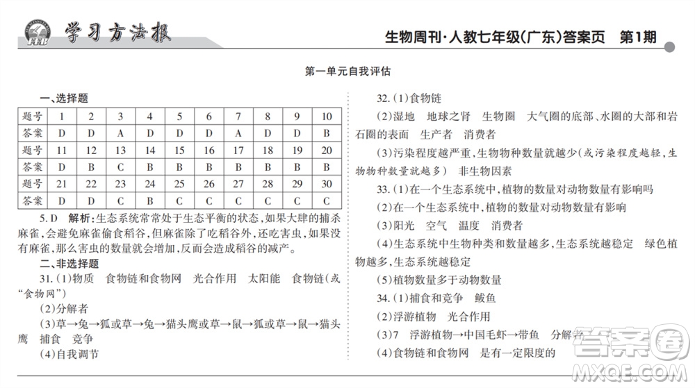 學(xué)習(xí)方法報2023-2024學(xué)年七年級生物上冊人教廣東版①-③期小報參考答案