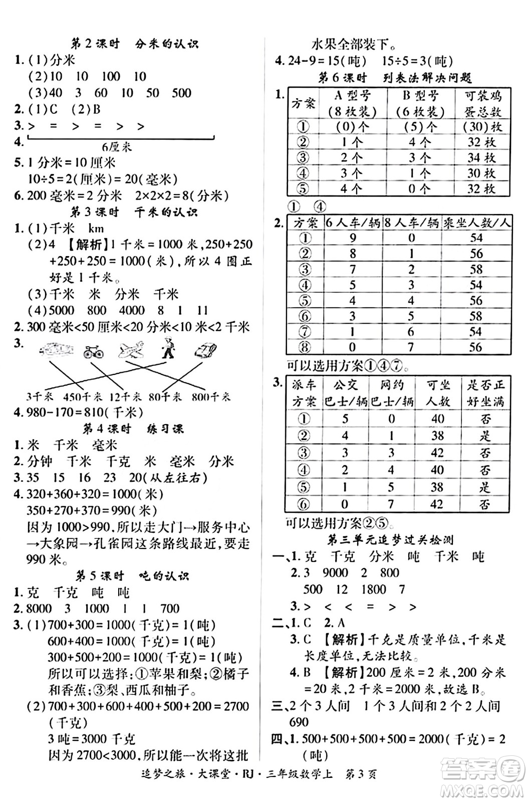 天津科學(xué)技術(shù)出版社2023年秋追夢之旅大課堂三年級數(shù)學(xué)上冊人教版答案