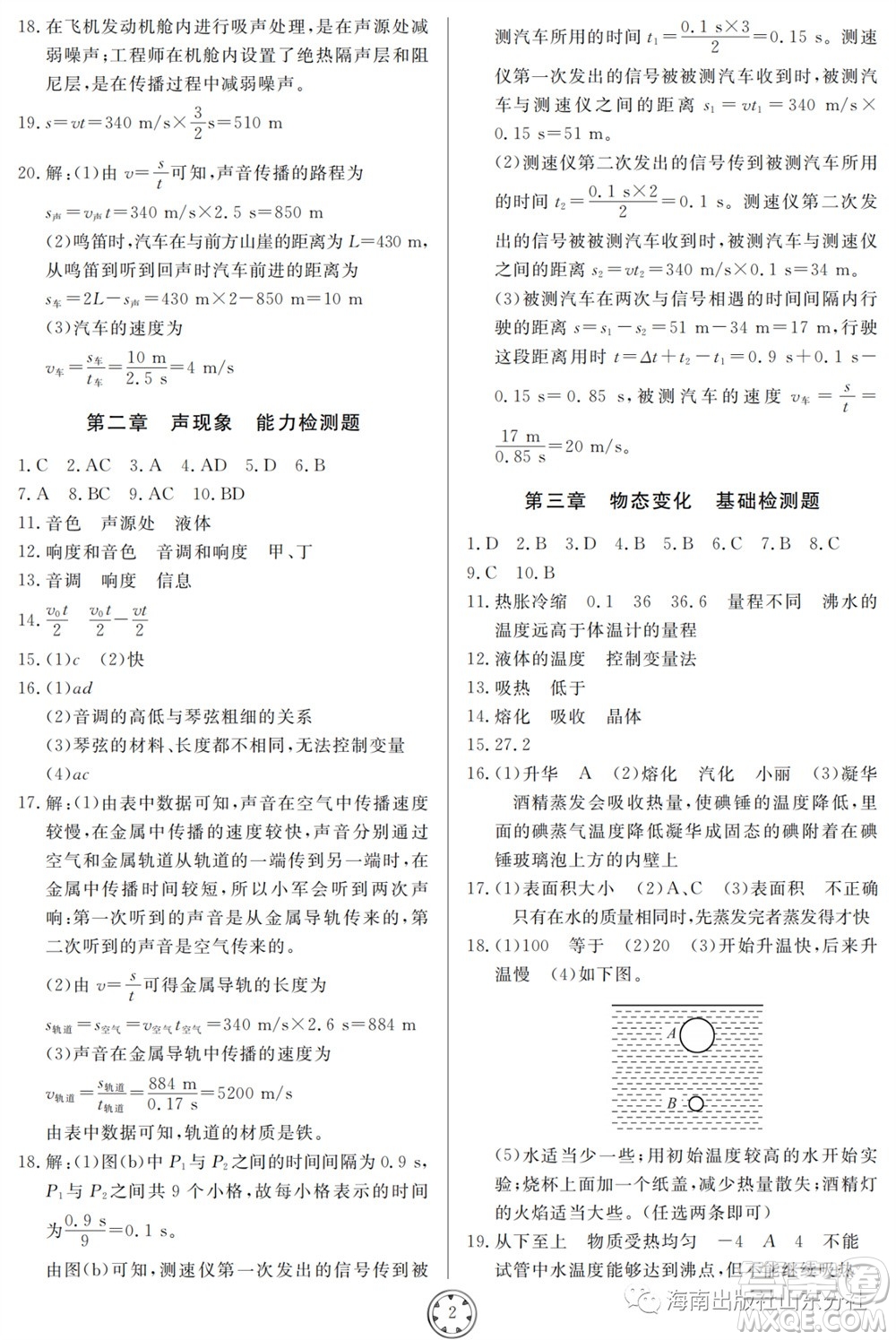山東人民出版社2023年秋同步練習(xí)冊分層檢測卷八年級物理上冊人教版參考答案