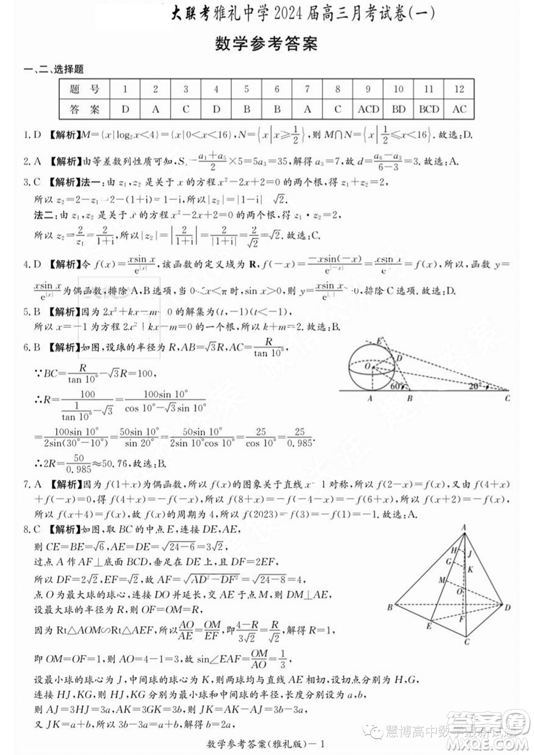 湖南長(zhǎng)沙雅禮中學(xué)2024屆高三上學(xué)期月考試卷一數(shù)學(xué)試題答案