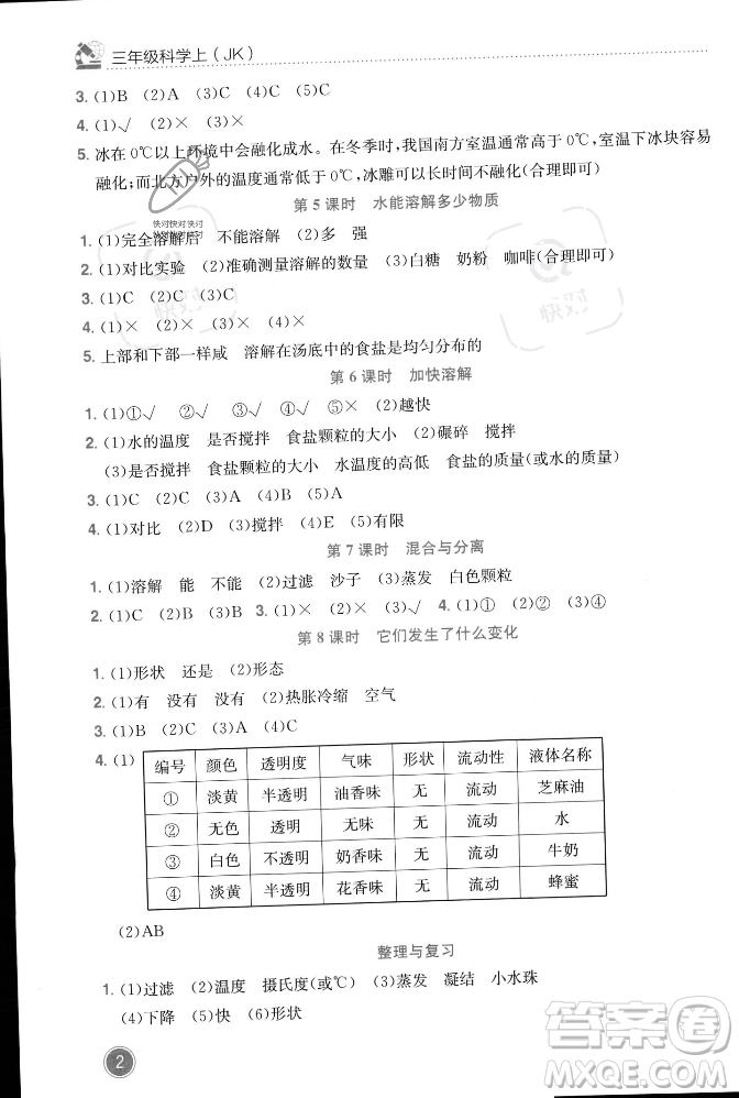龍門書局2023年秋黃岡小狀元作業(yè)本三年級科學(xué)上冊教科版答案