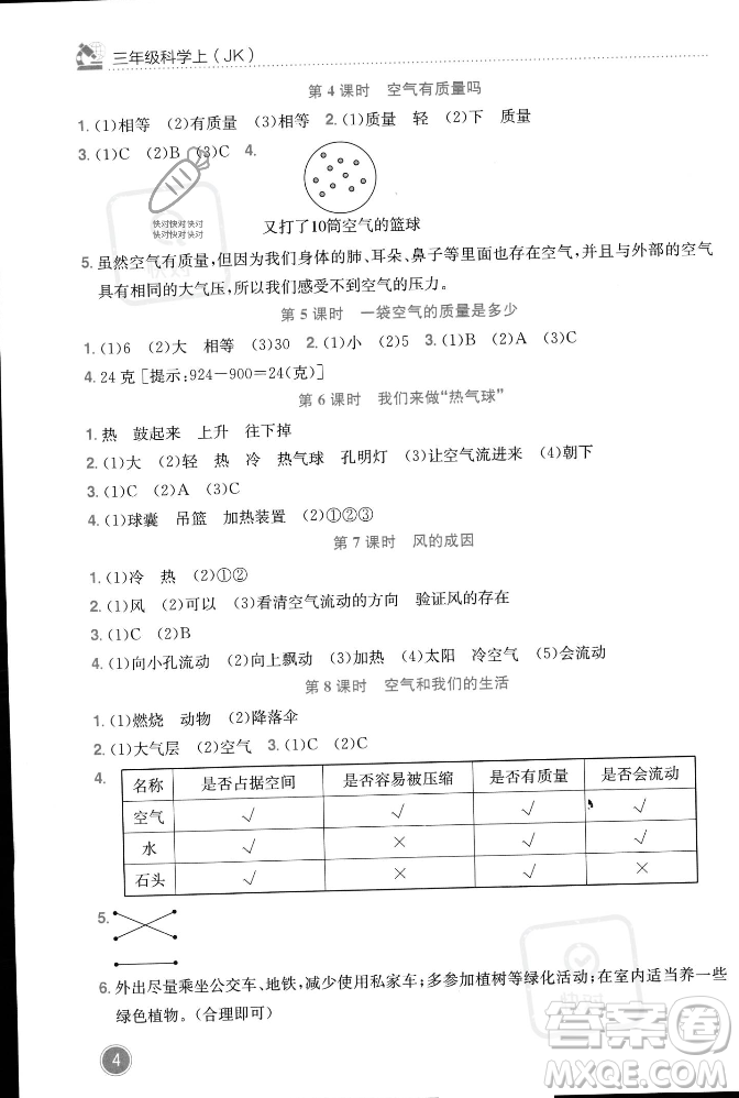 龍門書局2023年秋黃岡小狀元作業(yè)本三年級科學(xué)上冊教科版答案