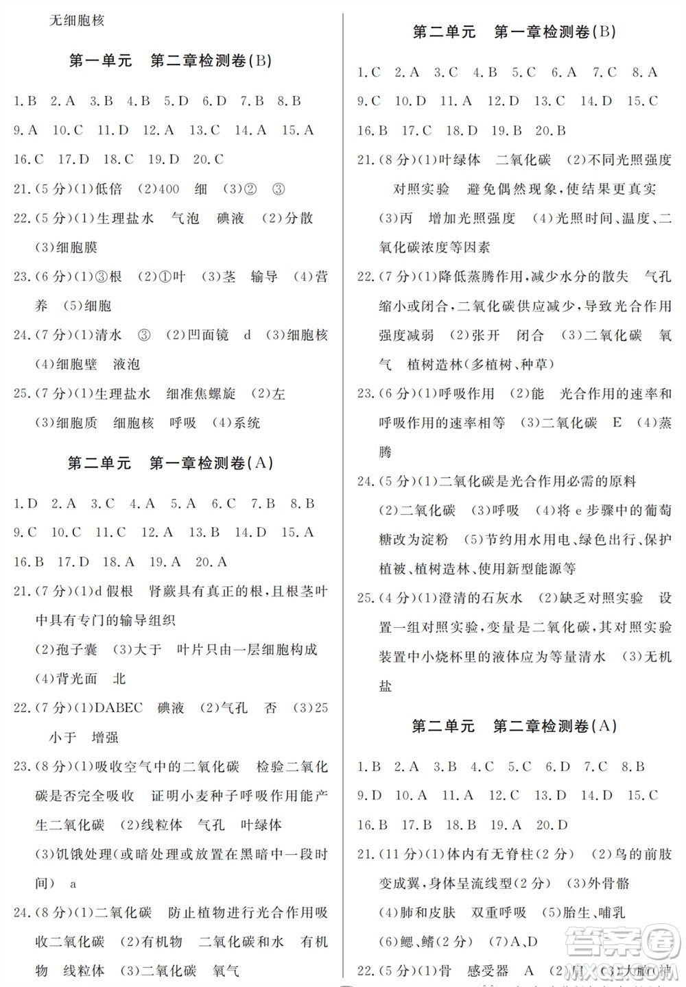 山東人民出版社2023年秋同步練習(xí)冊(cè)分層檢測卷七年級(jí)生物上冊(cè)人教版參考答案
